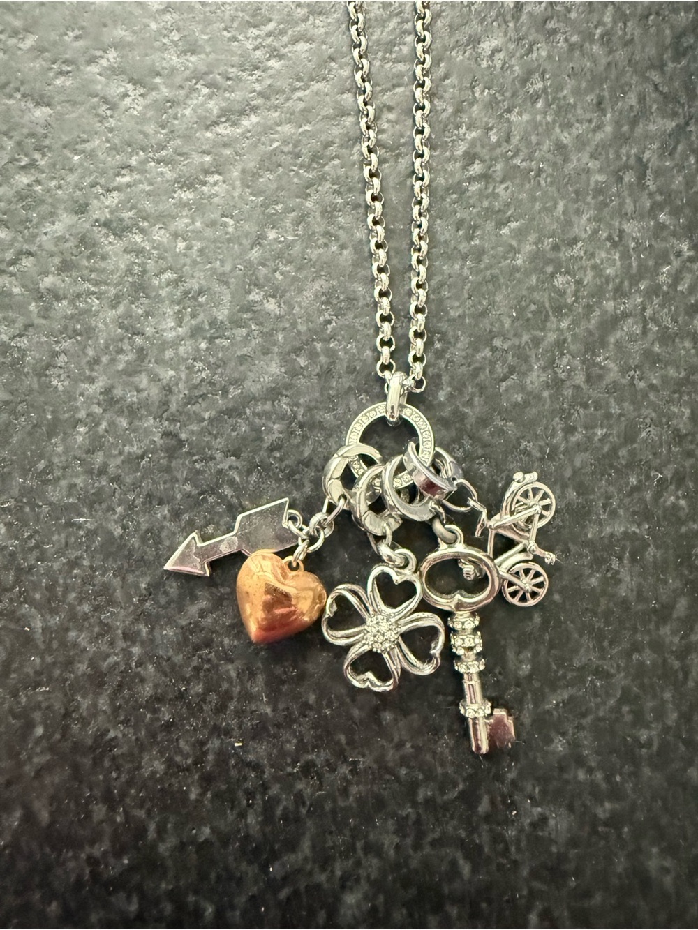 Fossil Charm Heart, Key & Clover Pendant Necklace - Silver with Gold Heart